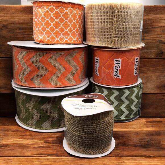 Fall Burlap Ribbon Lot 7 Rolls – 2.5" Wired Chevron Orange Green Natural Jute - Picture 1 of 11